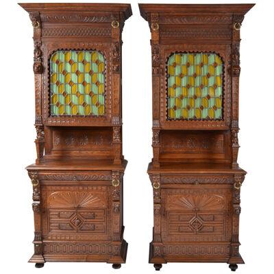 Pair Antique French Henri II-Style Buffets Cabinets with Stained Glass Doors