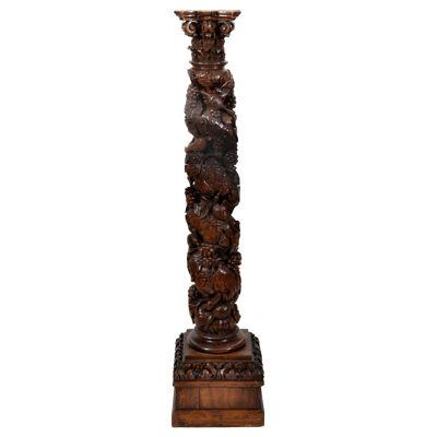 Antique Hand Carved Oak Pedestal Column . Ionic Capital Design. Ornate. 