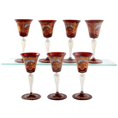 Set Seven Wine Glasses Moser Ruby Venetian Style Gold Decorated Bohemian 1900’s