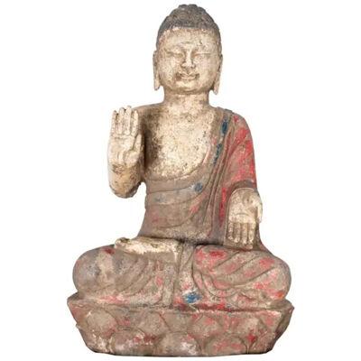 Stone Seated Buddha with Pigmented Decoration