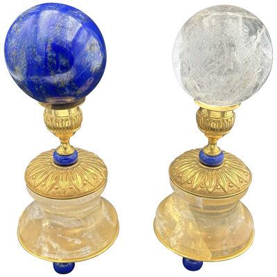 Pair of Rock Crystal and Lapis Lazuli Spheres by Alexandre Vossion