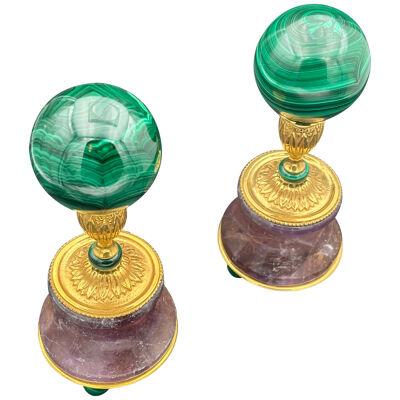 Pair of Malachite Spheres with Their Amethyst Supports by Alexandre Vossion