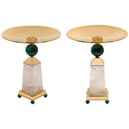 Rock Crystal, Malachite, 24 K Gold Plated Pair of Centerpieces by A. Vossion