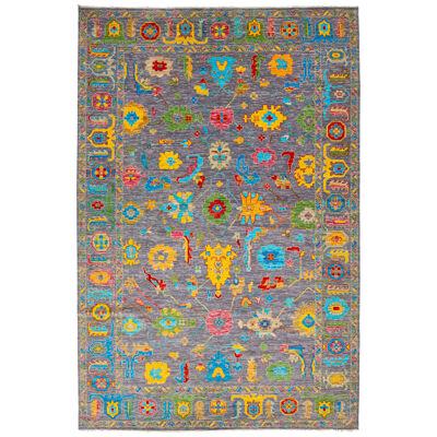 Modern Oushak Style Gray Wool Rug Features Allover Floral Pattern