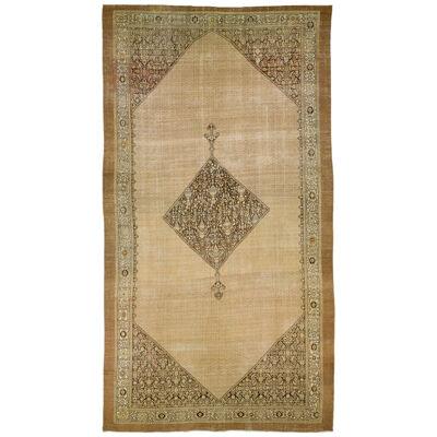 Beige 1900s Hamadan Persian Gallery Wool Rug with Medallion Design
