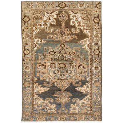 Antique Brown Hamadan Persian Scatter Wool Rug with Medallion Motif