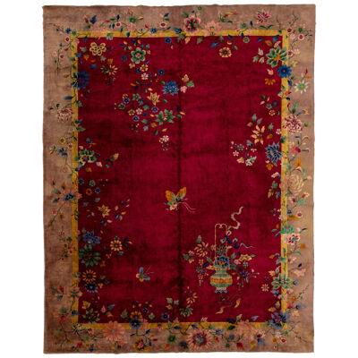 1920s Antique Chinese Art Deco Rug In Red with Floral Motif