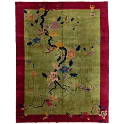 Antique Green Chinese Art Deco Rug with Multoclor Floral Design