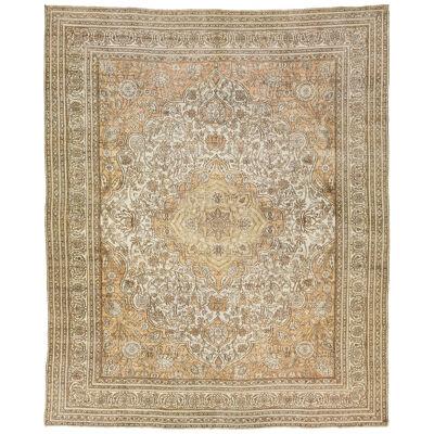 1900 Antique Indian Agra Wool Rug in Ivory and Tan with Medallion Design