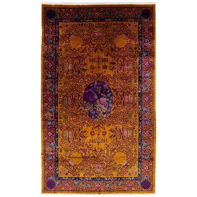 Large Goldenrod Antique Chinese Art Deco Wool Rug