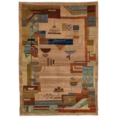 Handmade Vintage Arts & Crafts Brown Wool Rug with Allover Motif