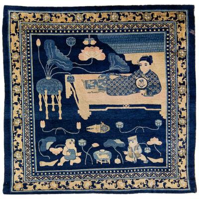 Blue Handmade Chinese Art Deco Square Wool Rug with Pictorial Design