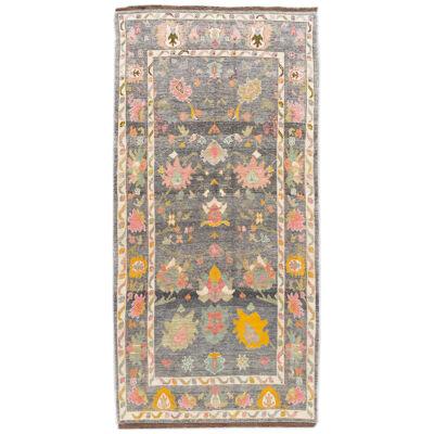 Modern Oushak Style Gray Wool Rug Handmade With Multicolor Floral Motif