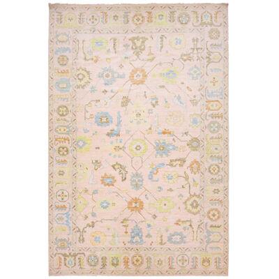 Pink Contemporary Oushak style Wool Rug Handmade Features a Floral Design