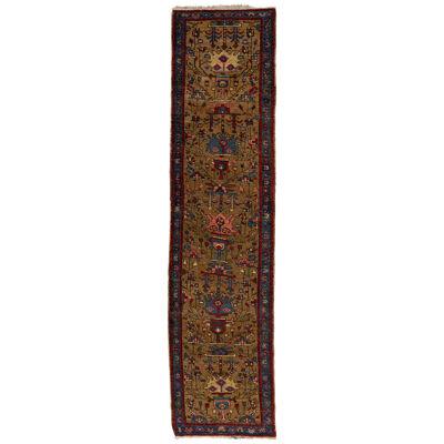 Handmade Brown Antique Heriz Wool Runner with Tribal Motif From The 1920s