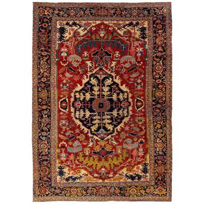 1900s Antique Handmade Wool Rug Persian Heriz Featuring a Medallion Motif