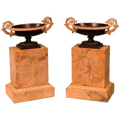 A pair of bronze and ormolu tazzas on Sienna marble bases