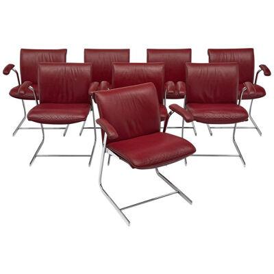 Set Of Red Leather And Chrome Armchairs