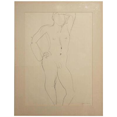 1960 Gertrude Barnstone Abstract Pen Contour Line Drawing of Standing Male Nude