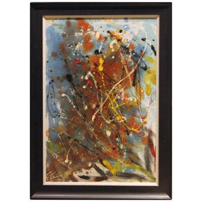 Abstract Expressionist Blue and Yellow Toned Painting Signed Mid 20th Century