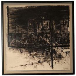 1990s Mixed Media Black and White Abstract Cityscape