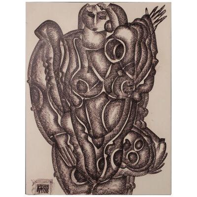 Valery Kleveroy (Klever) Abstract Cubist Charcoal Drawing of a Standing Woman 88