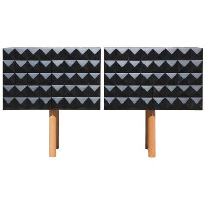 Custom Post Modern Brutalist Black and Natural Pyramid Stud Sideboard