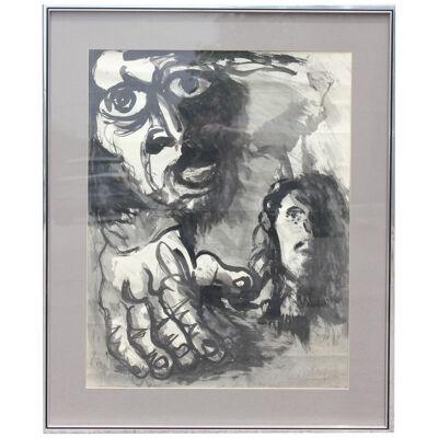 Abstract Expressionism Portrait Study of Two Figures with a Hand 1970s