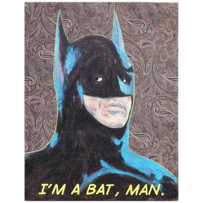 "I’m a Bat, Man" Blue Toned Abstract Batman Pop Art Painting on Brocade