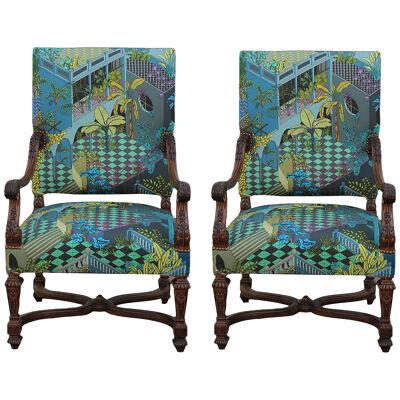 Custom Louis XVI French Armchairs in Tropical Geometric Miami Upholstery-a Pair