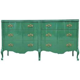 French Louis XIV Lacquered Green Double Serpentine Lowboy, Front Brass Handles