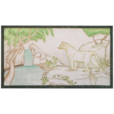 Stylized Impasto Deco Jungle Painting of Leopard & Waterfall in Frame 20th C