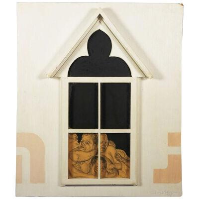 1960s Mixed Media Assemblage with Men Wrestling Inside a Window