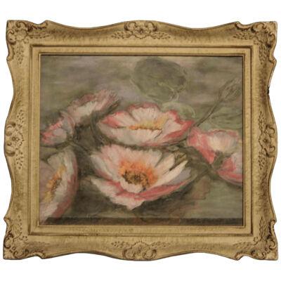 D. C. McNay “Water Lilies” Pink & Green Floral Pastel Nature Drawing 20th C