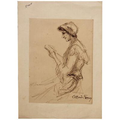 Louise-Jeanne Cottard Fossey "Charcoal Study of a Woman Reading" 19th C Drawing