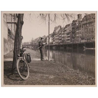 European Canal Fisherman Early Black and White Photograph