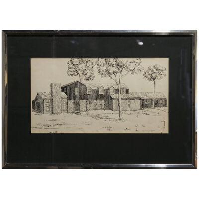 Toby Topek Ink Drawing of a Farm House by Houston Artist 1950