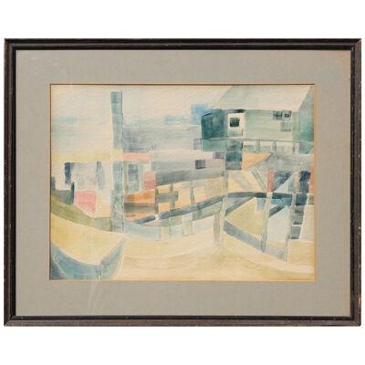 Abstract Cubist Watercolor Boat Dock Landscape by Female Artist Early 1940s