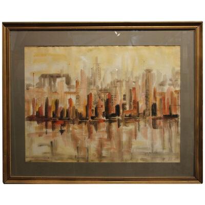 Polly Howerton "Cityscape" in Warm Tones with a Reflecting Pool 20th Century