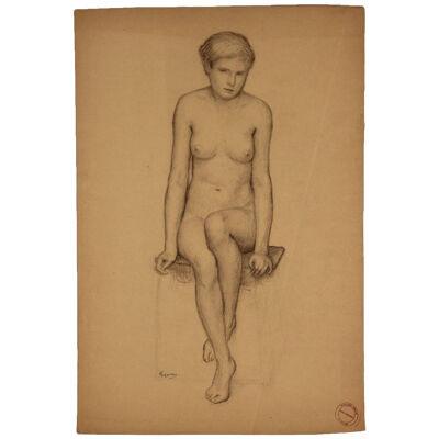 1950s French Nude Woman Seated on a Bench Study Graphite on Paper