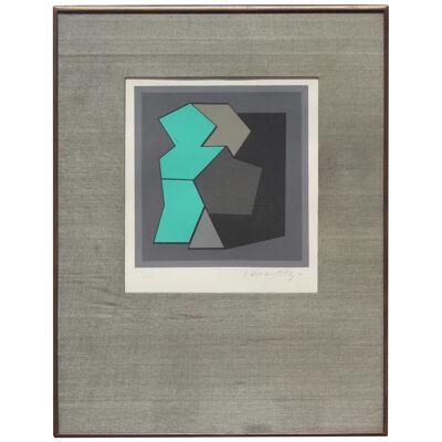 Victor Vasarely "Quamie" Teal Geometric Abstract Lithograph 1960's