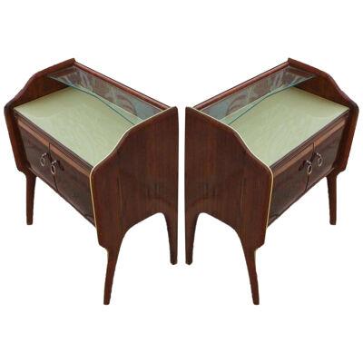 Italian Rosewood Nightstands with Gold Colored Glass - a Pair