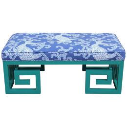 Custom Teal Blue Greek Key Bench with Blue Koi Fish Fabric