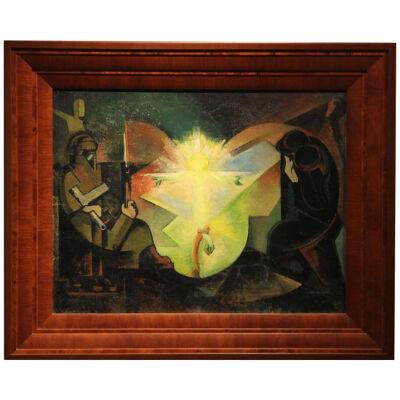 1940s Cubist Oil Pastel Crucifixion Scene with Bright Yellow