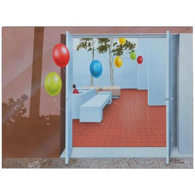 Boyd Graham Colorful Landscape Painting of Balloons Escaping a Shopping Center