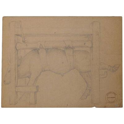 Late 19th Century Naturalistic Pencil Study of A Cow Graphite on Paper