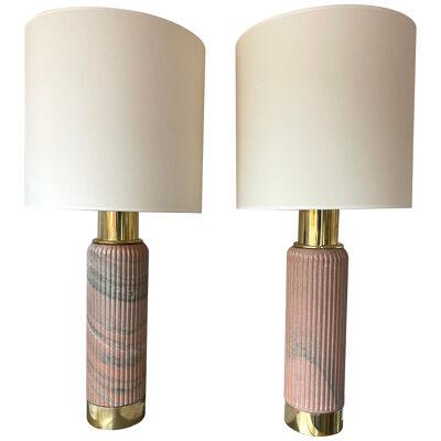 Contemporary Pair of Brass Lamps Pink Granite Stone, Italy