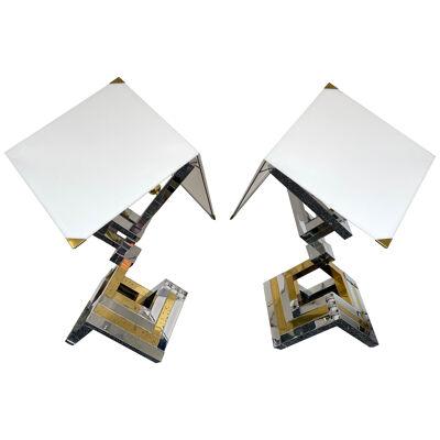 Pair of Brass and Metal Chrome Lamps by Lumica. Spain. 1970s