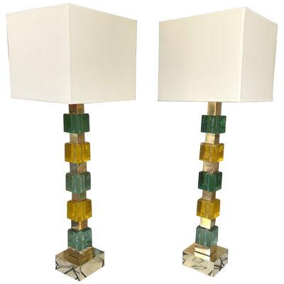 Contemporary Pair of Brass Murano Glass Cube Column Lamps, Italy