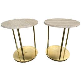 Contemporary Pair of Brass and Travertine Side Tables, Italy